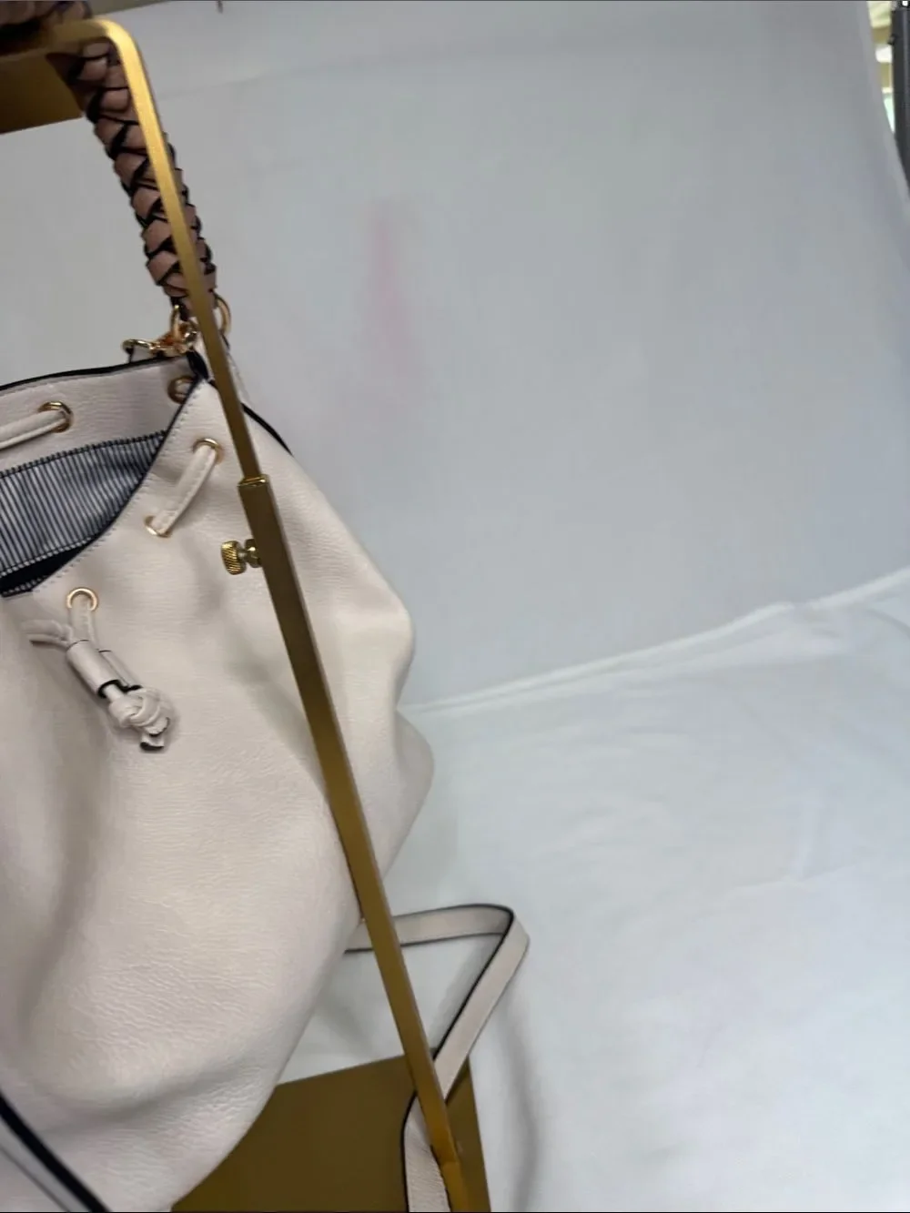 Soft Pebbled Cream Bucket Shoulder Bag with Braided Brown Handle